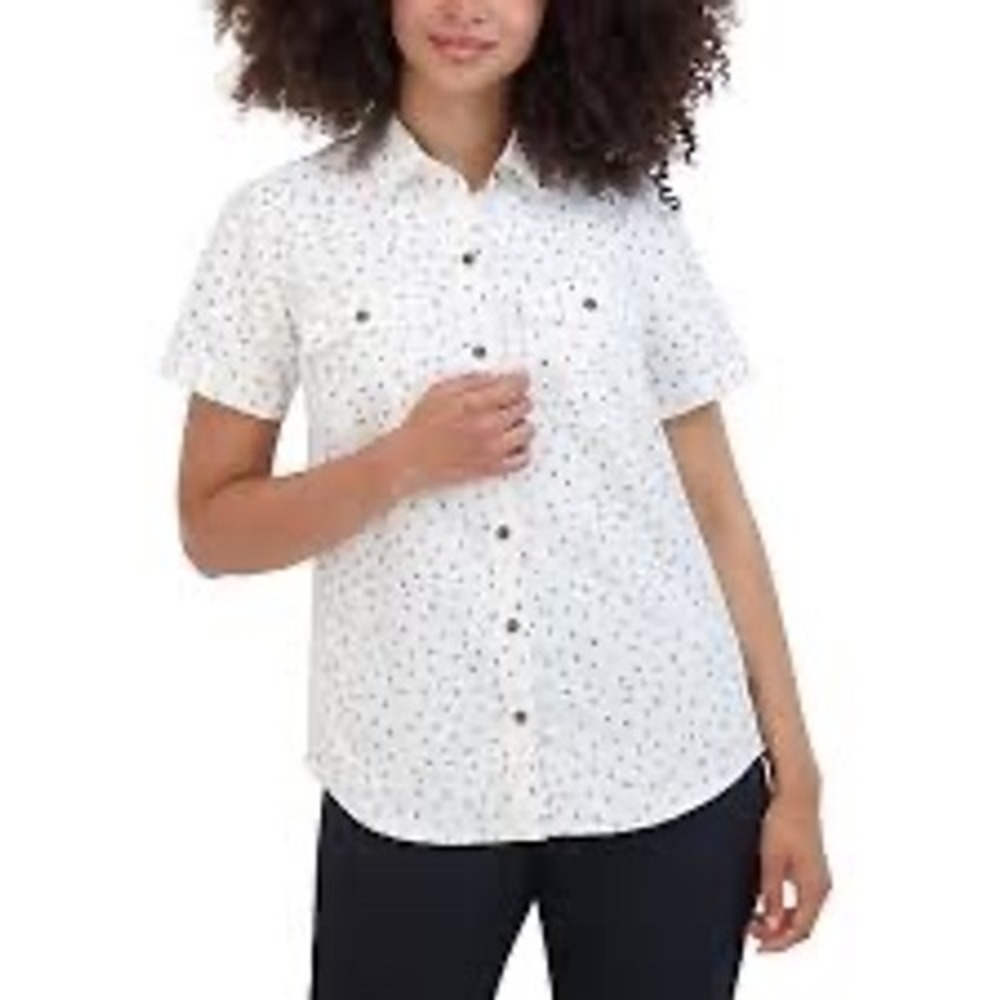 Eddie Bauer Womens White Teepee Print Short Sleeve Button Down Shirt M